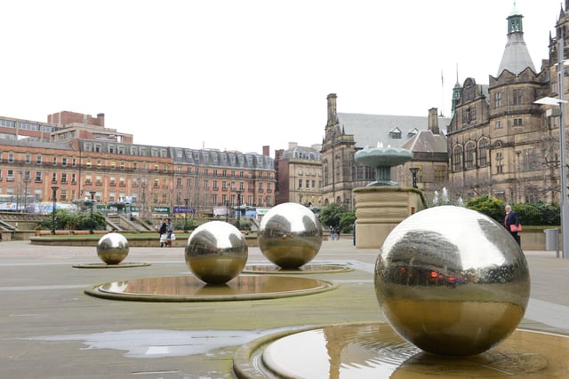 The water balls in St Paul's Square (looking towards the Peace Gardens) in the area where both the 'egg box' and 'wedding cake' once stood