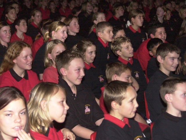 Theatre Company Quantum from London visited Ecclesfield School in 2003 for a production of 'The Complete Guide to Forces' science show. Seen are pupils as they watch the show.