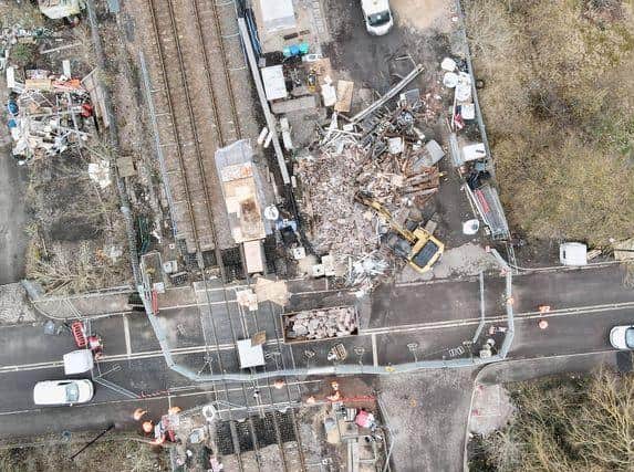 An aerial shot of Beighton level crossing during the demolition of the signal box. Picture by Keith Bown.