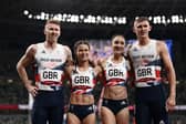 (From L) Britain's Cameron Chalmers, Zoey Clarke, Emily Diamond and Lee Thompson, pose after taking third place in a race of the mixed 4x400m relay heats during the Tokyo 2020 Olympic Games at the Olympic Stadium in Tokyo on July 30, 2021. (Photo by Jewel SAMAD / AFP).