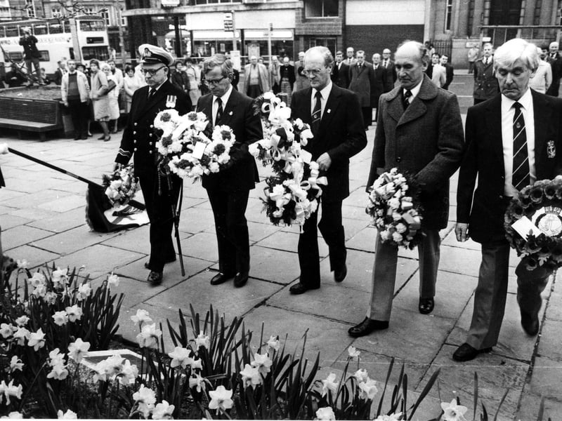 Representatives of five naval organisations laying wreaths at the memorial service outside the Cathedral for the loss of life aboard the Type 42 Class Destroyer HMS Sheffield destroyed in action during the Falklands War in May1982.