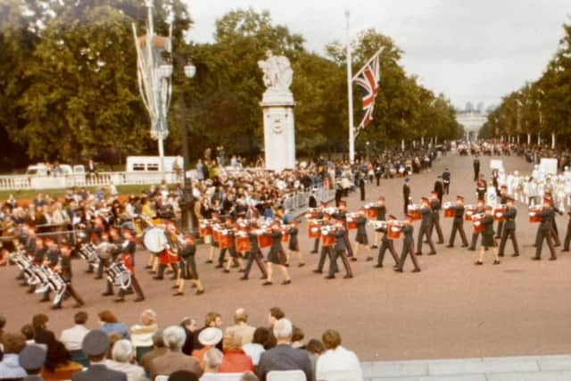 Sheffield Corps of Drums marching down the Mall and past the Queen