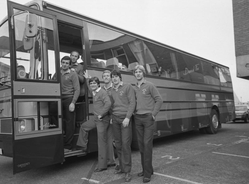 Sunderland footballers were pictured on the new team bus outside Roker Park in October 1980. In the picture are left to right:  Joe Bolton, Pop Robson, Mick Buckley, Alan Brown, Chris Turner, Shaun Elliott.