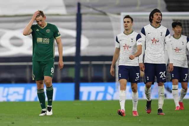 London, England, 2nd May 2021.Sander Berge of Sheffield Utd dejected during the Premier League match at the Tottenham Hotspur Stadium, London. Picture credit should read: David Klein / Sportimage