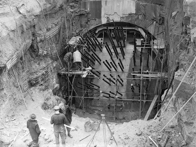 Looking down at the bridge's anchorage and steel ducts, at South Queensferry, through which the supporting wires would eventually pass, in April 1960.