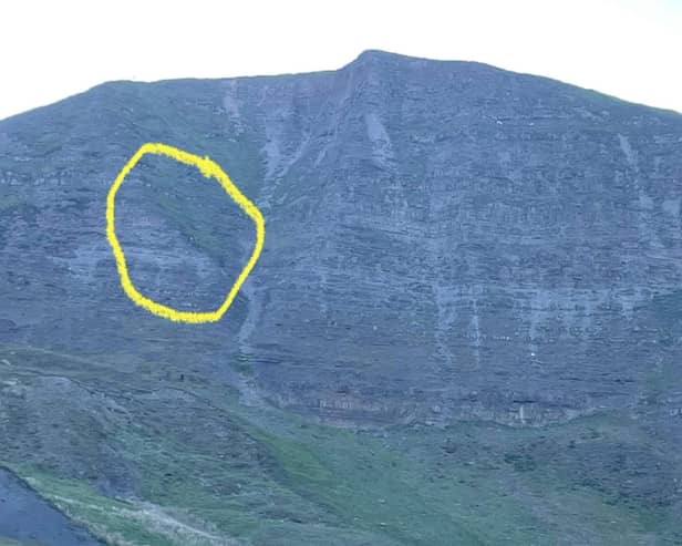 This photo shows the perilous spot on the sheer face of Mam Tor where Kenny the dog was stranded overnight before being rescued. Photo: Edale Mountain Rescue Team