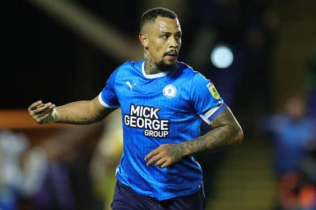 PETERBOROUGH, ENGLAND - OCTOBER 25:  Jonson Clarke-Harris of Peterborough United celebrates after scoring their third goal during the Sky Bet League One between Peterborough United and Accrington Stanley at London Road Stadium on October 25, 2022 in Peterborough, England. (Photo by David Rogers/Getty Images)