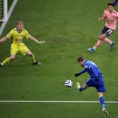 Leicester City's striker Jamie Vardy shoots at goal against Sheffield United.