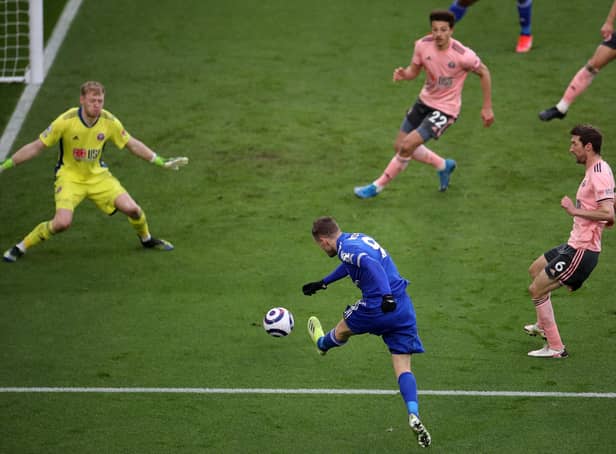 Leicester City's striker Jamie Vardy shoots at goal against Sheffield United.