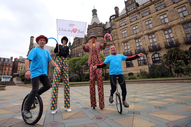 To kick off the fundraising challenges, on Friday 7 th May unicyclists and stilt walkers travelled the 2.5 miles from the Peace Gardens to Greentop's Circus Centre in Brightside. Pictured are Tim Byron, Trudi Patient, Richard Gillett and Teo Greenstreet. Picture: Chris Etchells