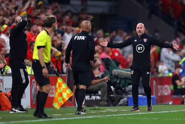 Wales Coach Rob Page reacts during the 2022 FIFA World Cup Qualifier match between Wales and Estonia at Cardiff City Stadium on September 08, 2021 in Cardiff, Wales. (Photo by Catherine Ivill/Getty Images).