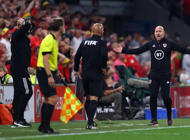 Wales Coach Rob Page reacts during the 2022 FIFA World Cup Qualifier match between Wales and Estonia at Cardiff City Stadium on September 08, 2021 in Cardiff, Wales. (Photo by Catherine Ivill/Getty Images).