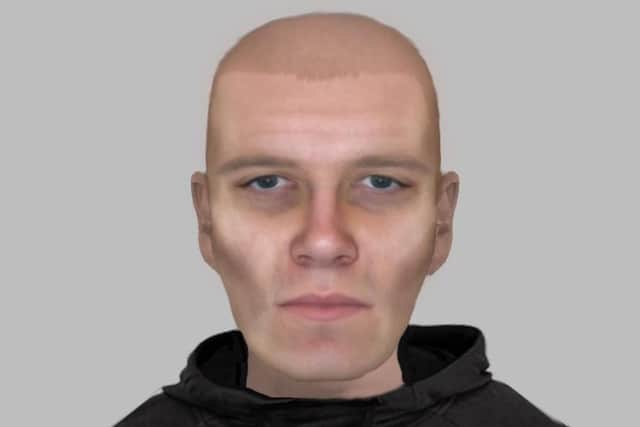 Police investigating an alleged sexual assault on Fenton Road, in Rotherham, on August 23, 2021, are trying to identify the man pictured in this e-fit image