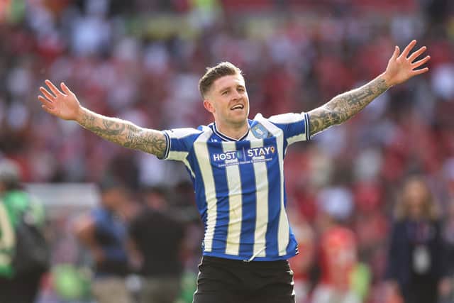 London, England, 29th May 2023.  Winning goal scorer Josh Windass of Sheffield Wednesday celebrates during the Sky Bet League 1 match at Wembley Stadium, London. Picture credit should read: David Klein / Sportimage