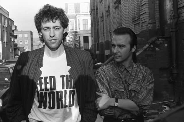 Bob Geldof and Midge Ure pictured outside SARM Studios in Notting Hill, London, during the recording of the Band Aid single 'Do They Know It's Christmas?'. (Getty Images)