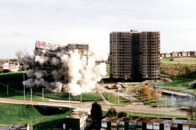 The demolition of Guildford View and Shrewsbury tower blocks in Park Grange Road, Norfolk Park, Sheffield on November 7, 1999. Ref no: v01506