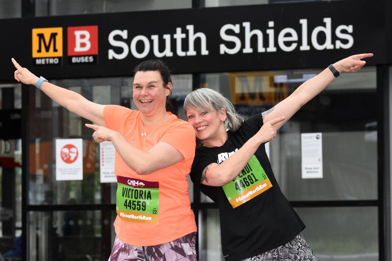 Vicki Morrison and Wendi Slater, from South Shields, play tribute to they favourite runner Usain Bolt at South Shields Metro Station.