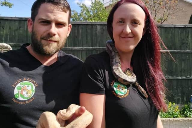 Scales and Tails Sheffield co-owners Debbie Voice and Declan Tormey with two royal pythons