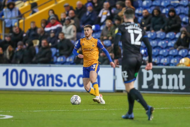 Mansfield Town defender Will Forrester looks to make the pass.