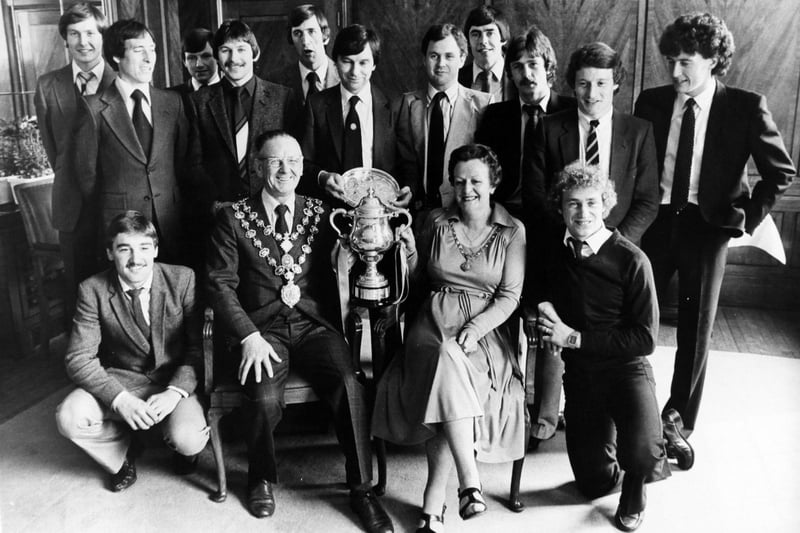 Chesterfield Mayor and Mayoress congratulate Chesterfield FC on winning the Anglo-Scottish Cup in 1981.