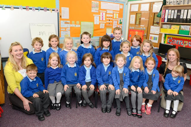The new reception class pupils at Hipsburn First School with Jo Oates and Lucy Maddison.