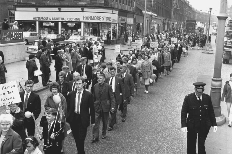 A Scottish Miners' Gala Day march is pictured on Leith Walk, on their way to Leith Links in June 1966.