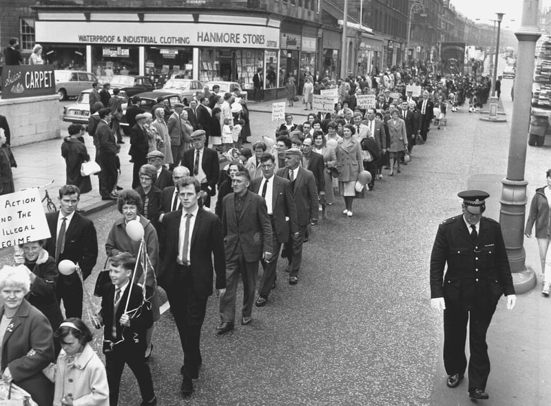 A Scottish Miners' Gala Day march is pictured on Leith Walk, on their way to Leith Links in June 1966.