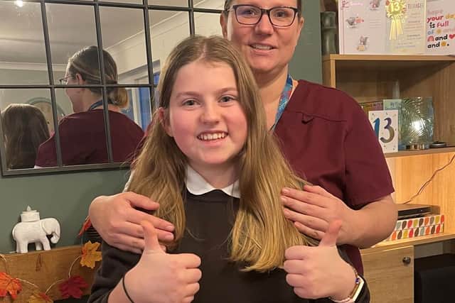 Freya Bedford and mum Amey. Freya has been invited to sound the starting horn at the upcoming Glow in the Park fun run at Endcliffe Park for Sheffield Children's Hospital.