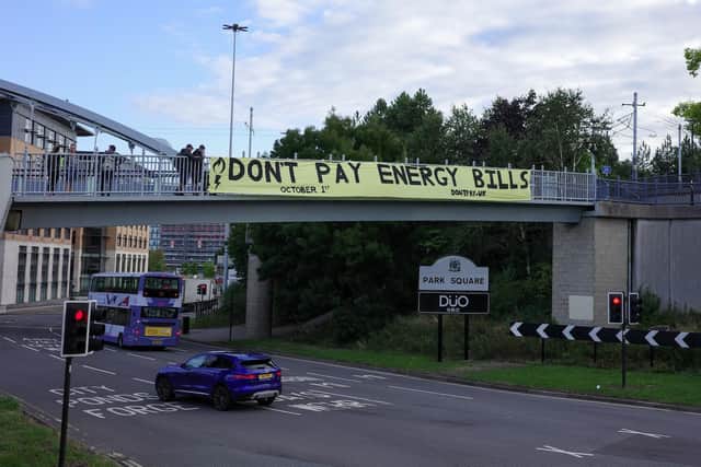 Banner on Park Square Roundabout this morning. Pic: Carl Whitehouse