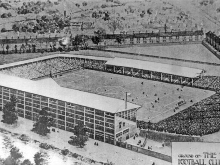 An early bird's eye view of Sheffield Wednesday's Hillsborough Stadium, which was called Owlerton Stadium until 1914, showing housing on Vere Road (top) and Penistone Road. The exact date is unknown but it is believed to date from between 1900 and 1919