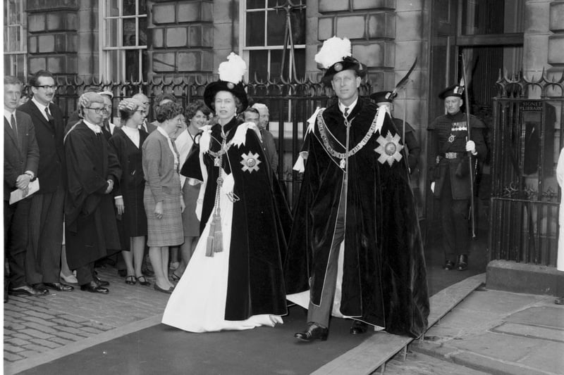 The Queen and Prince Philip, Duke of Edinburgh,  in Parliament SquareEdinburgh  after the Order of the Thistle installation at St Giles Cathedral in June 1966