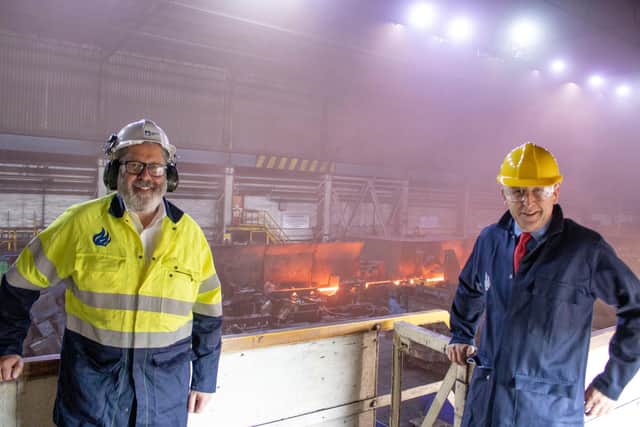 John Healey MP, right, at Liberty's Thrybergh mill with Steve Unwin managing director for Rotherham Steel and Bar.
