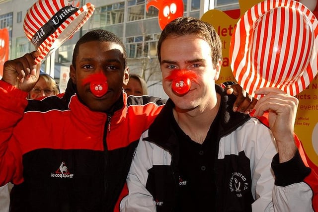Blades players Tyrone Thompson and Laurens Ten Heuvel get behind red nose day at Sainsburys on The Moor in Sheffield, Friday March 14, 2003
