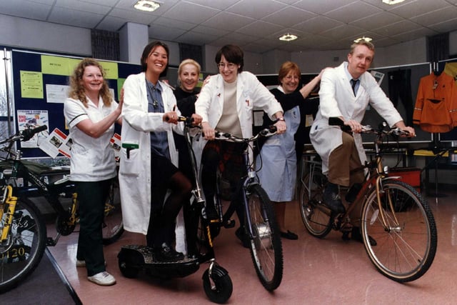 Northern General Hospital staff getting on their bikes in 1999.  From left, Franco Herridge, Dr Kim Chapman, Bev Palfreyman, Dr Sue Stillway, Margrat Hwoment and Keith Flerher