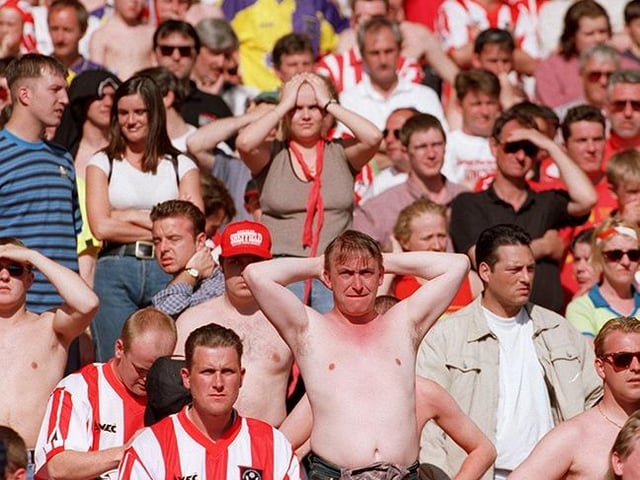 Blades fans pictured after Palace scored at the Sheffield United v Crystal Palace match on May 26, 1997