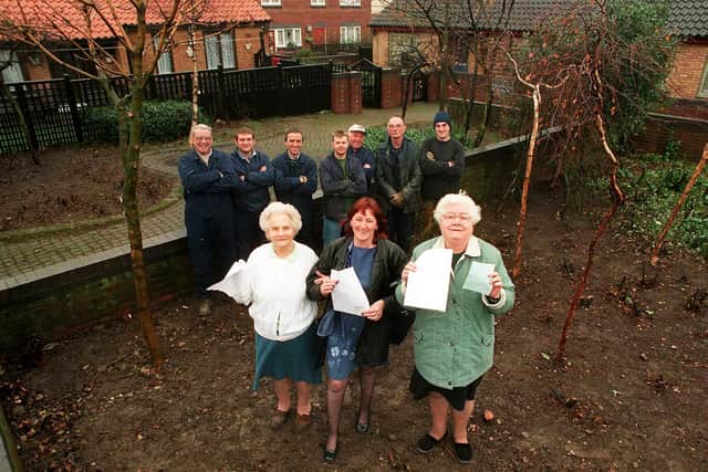 'Our Heroes' - Manor residents pay tribute to the Manor Environment team who have been cleaning up their Castlebeck Estate - left to right  Brian Croudy, Jason Lee, Steve Goodyear, Dave Elrick, Mick Knight, Brian Norris, Ashley Hastings with, front, residents Mrs May Antcliffe, Ms.Jacqueline Drabble and Eileen Westney, 1998
