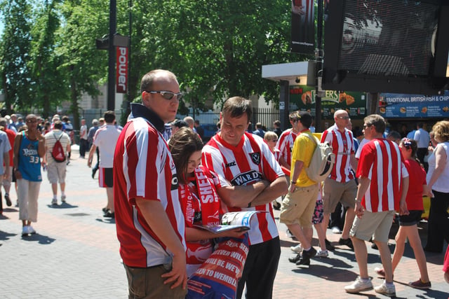 Blades fans on Olympic Way outside Wembley Stadium, 26/5/12 for Sheffield United v Huddersfield Town