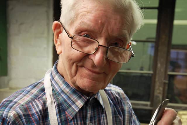 Stan Shaw worked as a self-employed cutler well into his 90s, making highly sought-after knives in his workshop at Kelham Island (he had a four-year waiting list and his blades are worth hundreds of pounds), pictured here in December 2016