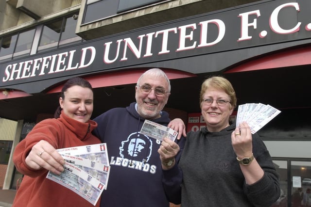 L to R - Claire Markham, John Taylor and Janet Chrimes (all correct) queue outside Sheffield United on Saturday 29th March to buy their FA Cup semi-final tickets that went on sale at 9am.