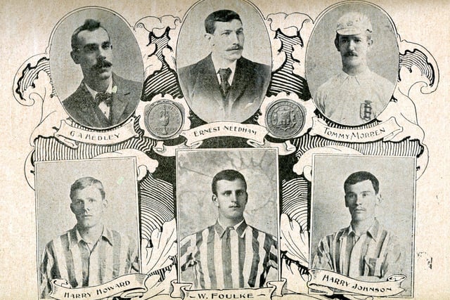 G. A. Hedley, Ernest Needham, Tommy Morren, Harry Howard, W. Foulke and Harry Johnson, 1899