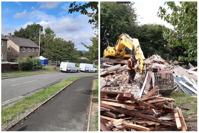 The house on Chandos Crescent, Killamarsh, near Sheffield, where four people were killed has been demolished. Pictured left is the police investigation in September 2021, and right, the scene today