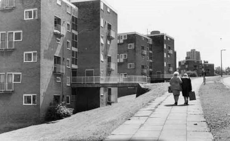 Taking a stroll on the Rollestone Estate on Blackstock Road, Gleadless Valley, Sheffield, in June 1979