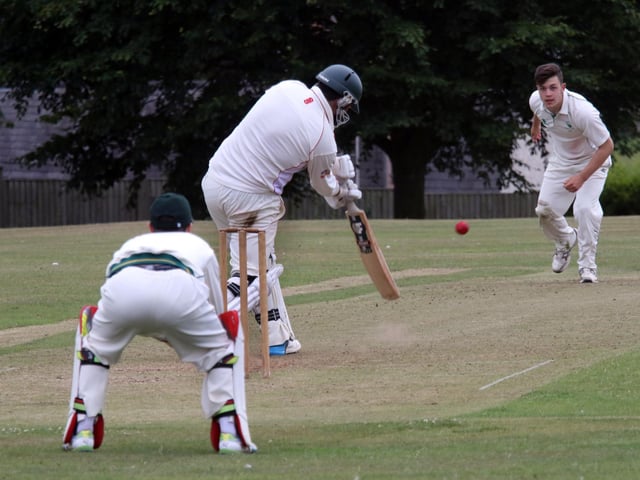 Welbeck's Lewis Jones straight drives Farnsfield's Luka Richmond.