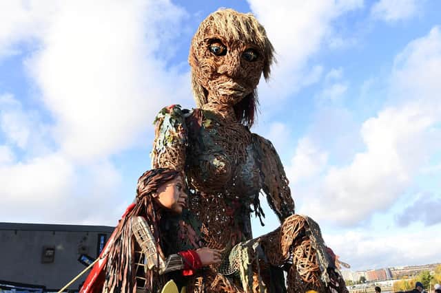 Storm, a 10 metre tall goddess of the sea puppet who carries a message of the oceans in crisis, meets Little Amal, a 3.5 metre tall 10 year-old Syrian refugee puppet in Govan.