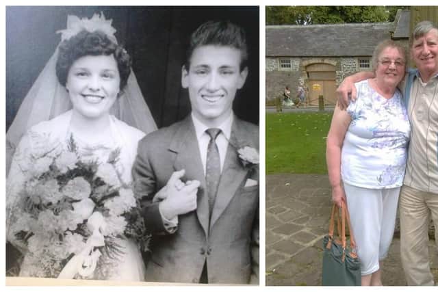 Sheffield couple June Pearson and Harold Bramhall on their wedding day in 1965 and today