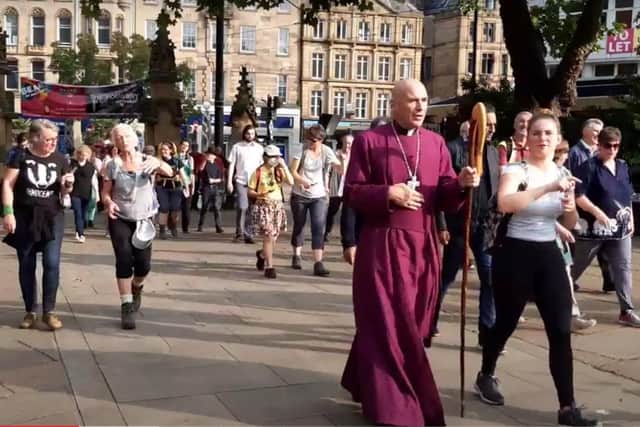 Bishop Pete joined the walkers from St Mary's Church on Bramall Lane to Sheffield Cathedral
