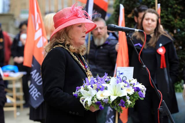 International Workers Memorial Day service held outside Sheffield Town Hall in 2017. Pictured is the-then Lord Mayor of Sheffield Anne Murphy after she laid a wreath.