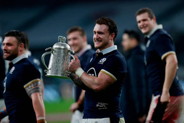Scotland's full-back Stuart Hogg holds the Calcutta Cup after the Six Nations rugby union match between England and Scotland at Twickenham Stadium in south west London on February 6, 2021. (Photo by ADRIAN DENNIS/AFP via Getty Images)