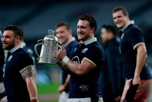 Scotland's full-back Stuart Hogg holds the Calcutta Cup after the Six Nations rugby union match between England and Scotland at Twickenham Stadium in south west London on February 6, 2021.  (Photo by ADRIAN DENNIS/AFP via Getty Images)