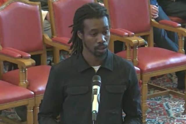 Dominic Heslop, artist, rapper and social engagement practitioner, making his objections at a licensing hearing by Sheffield City Council\'s licensing sub-committee. Picture: Sheffield Council webcast